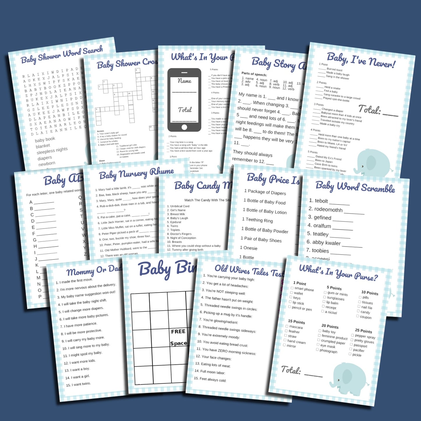 Blue Elephant Printable Baby Shower Game Bundle