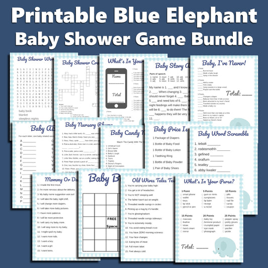 Blue Elephant Printable Baby Shower Game Bundle