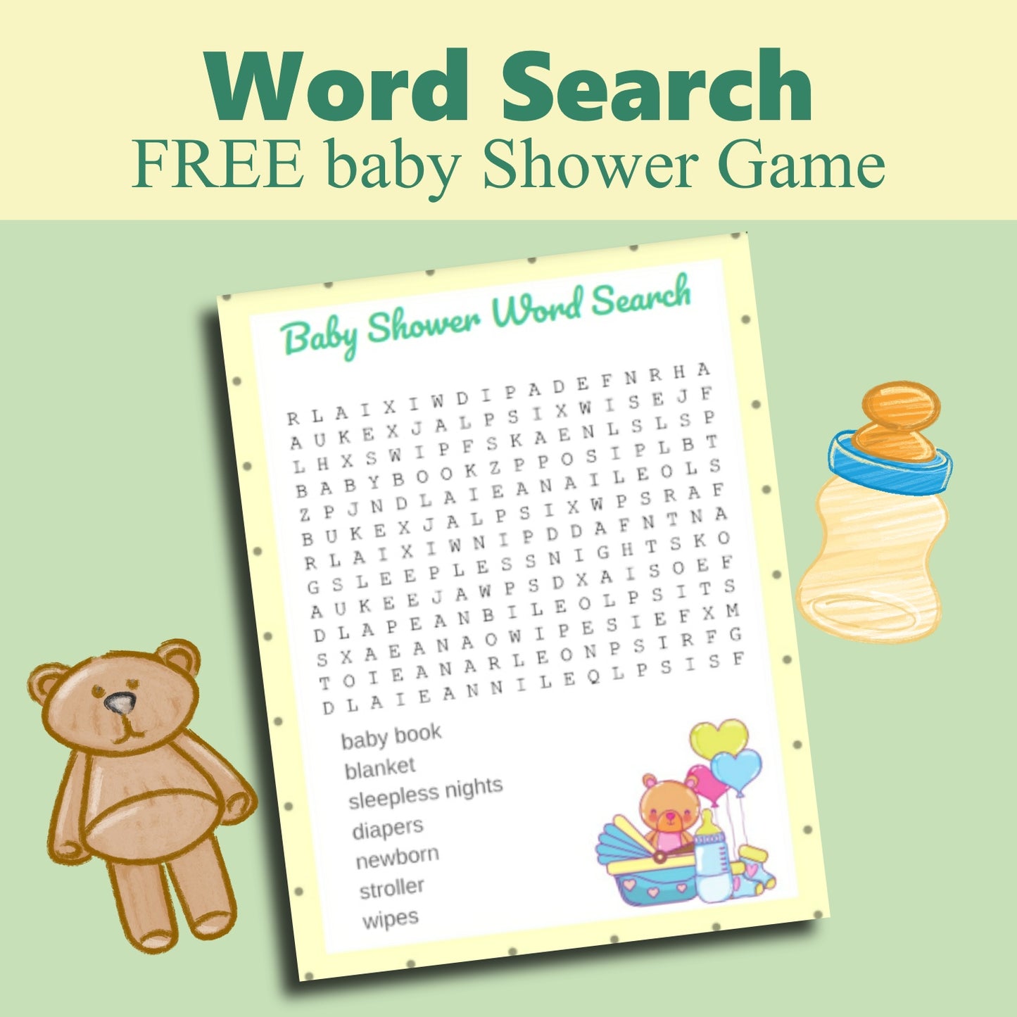 Teddy Bear Baby Shower Word Search Game