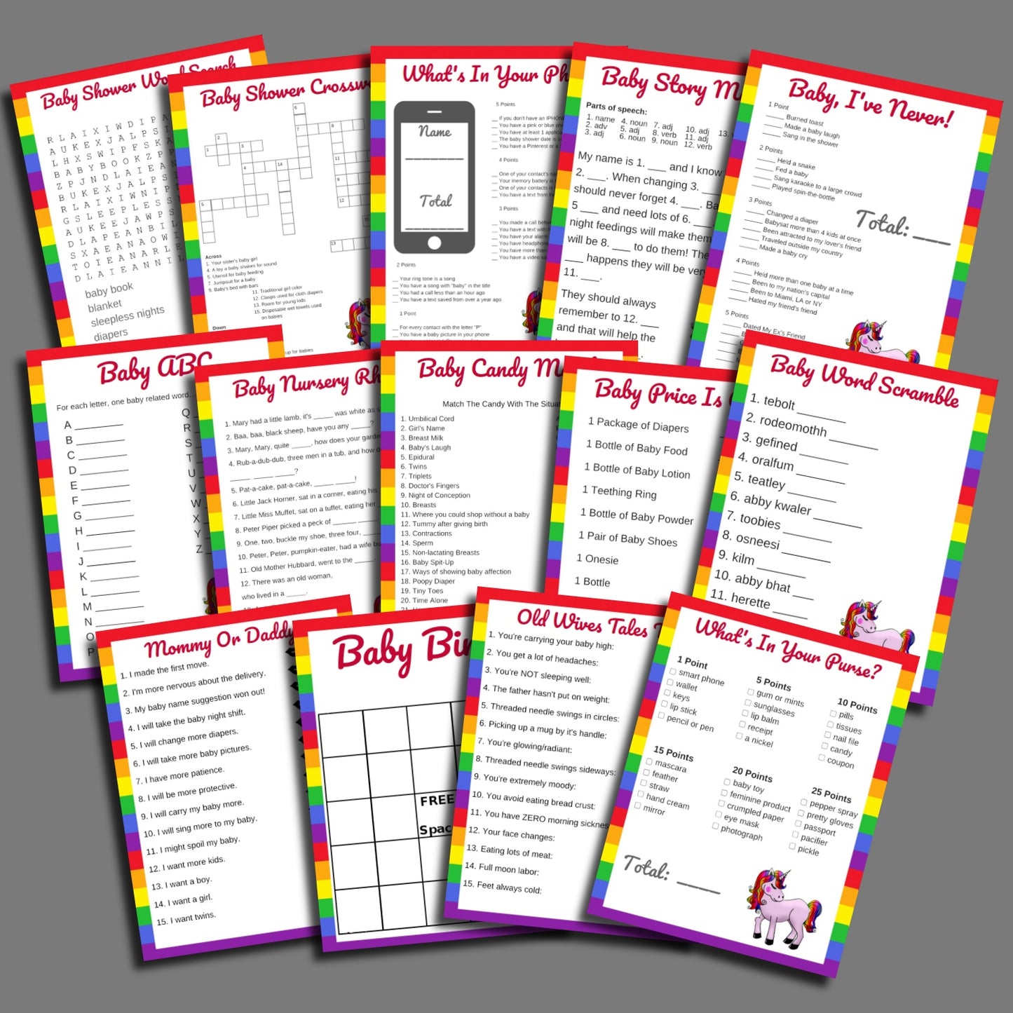 Unicorn Baby Shower Game Bundle Printables