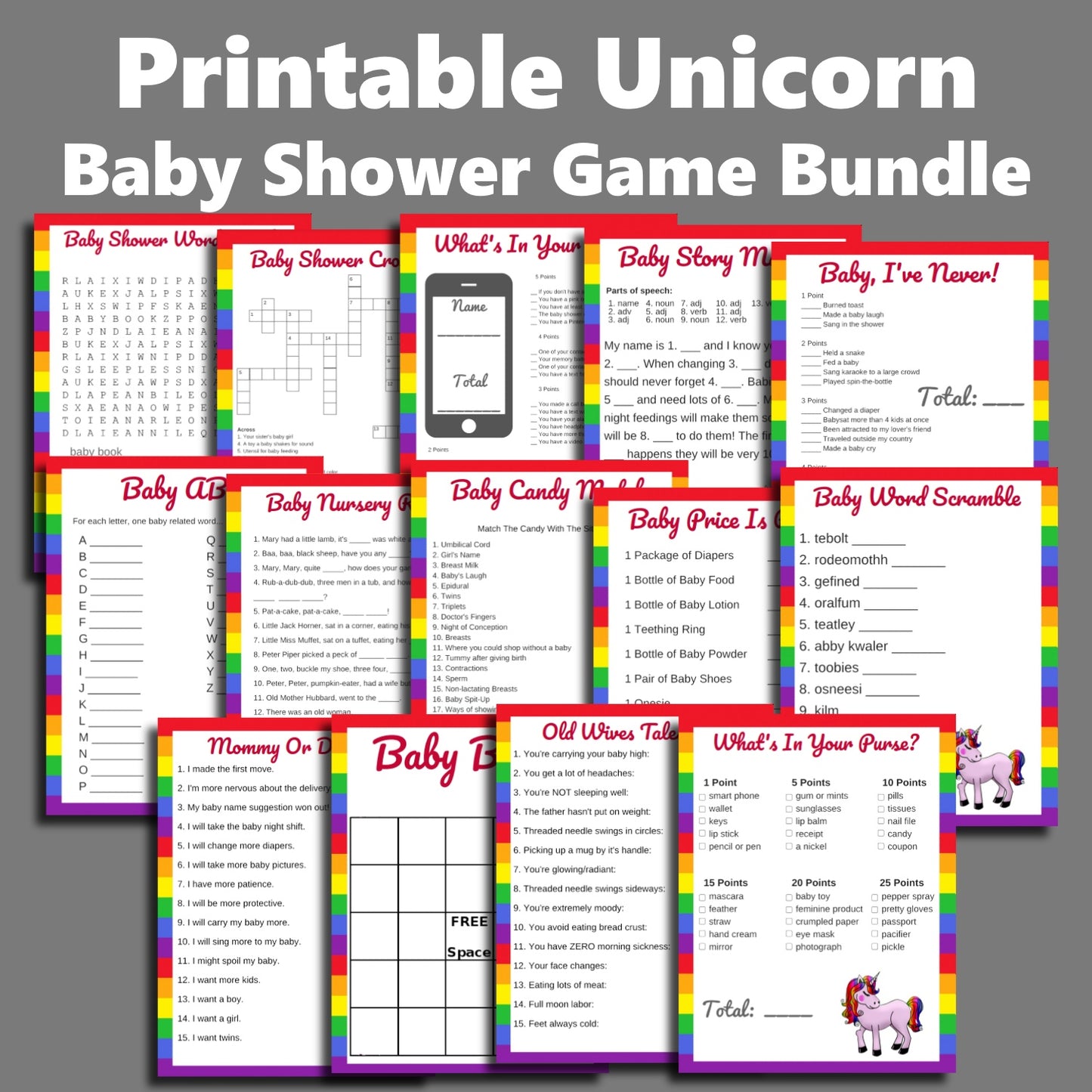 Unicorn Baby Shower Game Bundle Printables
