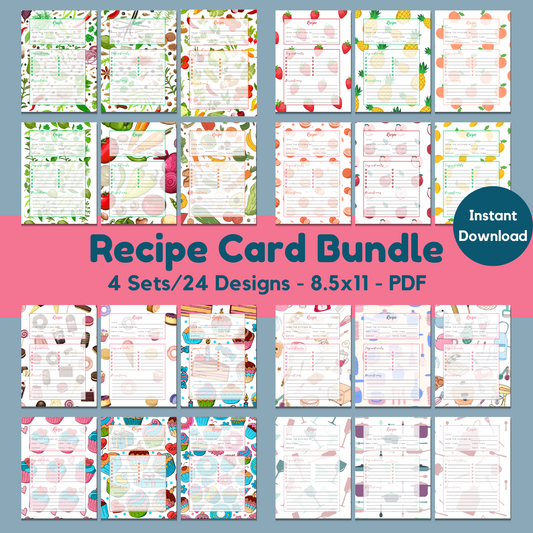 Recipe Card Printables Bundle (6 sets / 24 beautiful designs)
