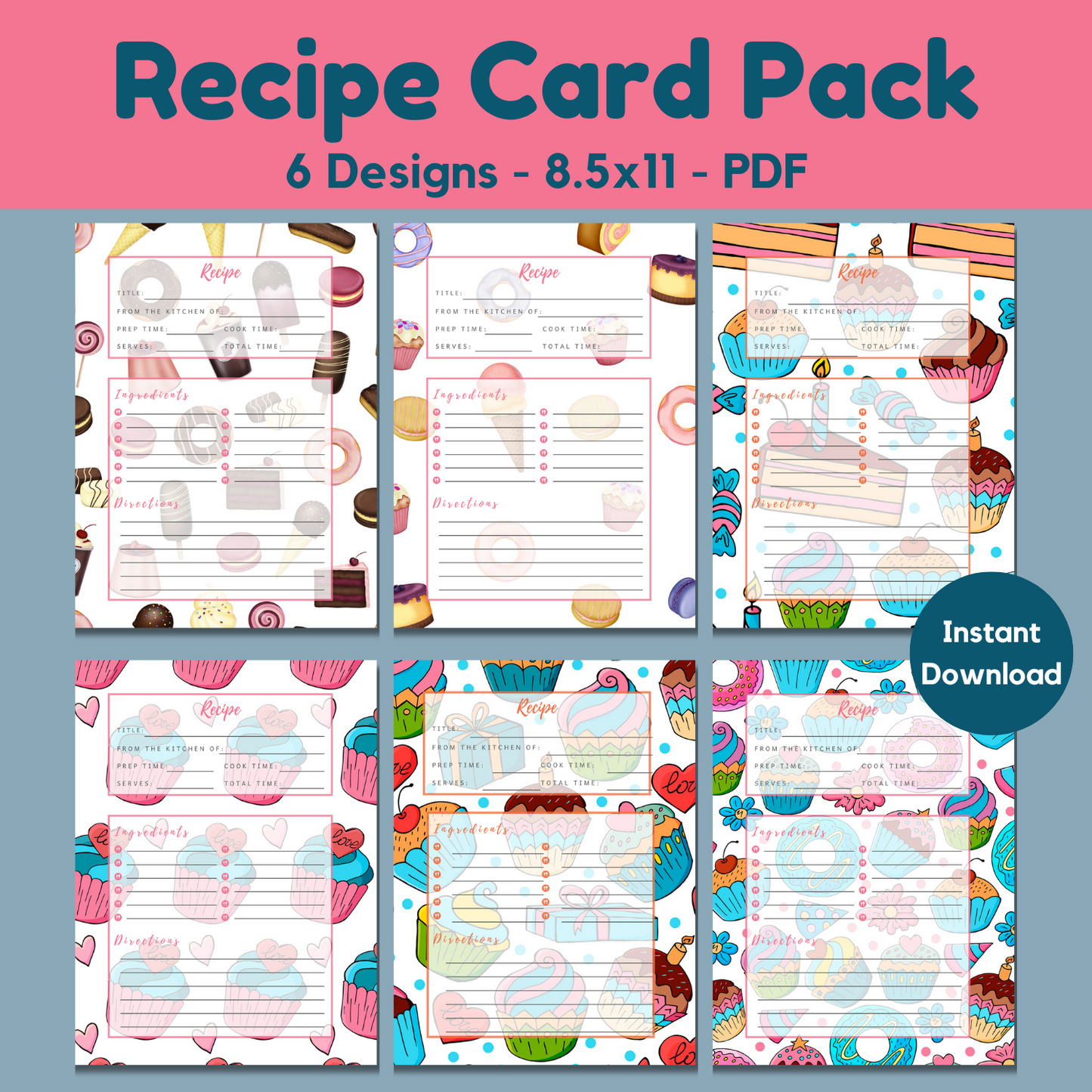 Recipe Card Printables (6 beautiful sweets & treats designs)