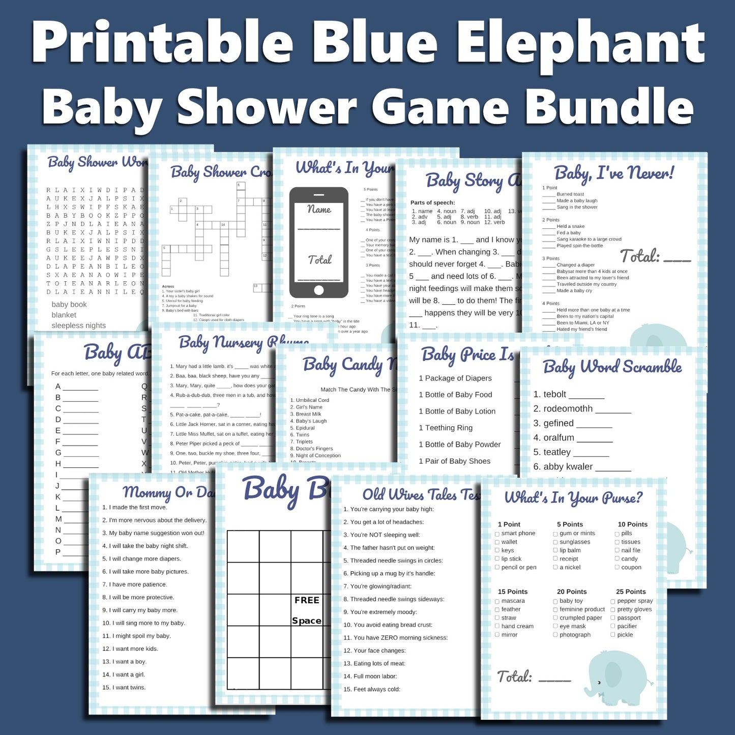 Blue Elephant Printable Baby Shower Game Bundle
