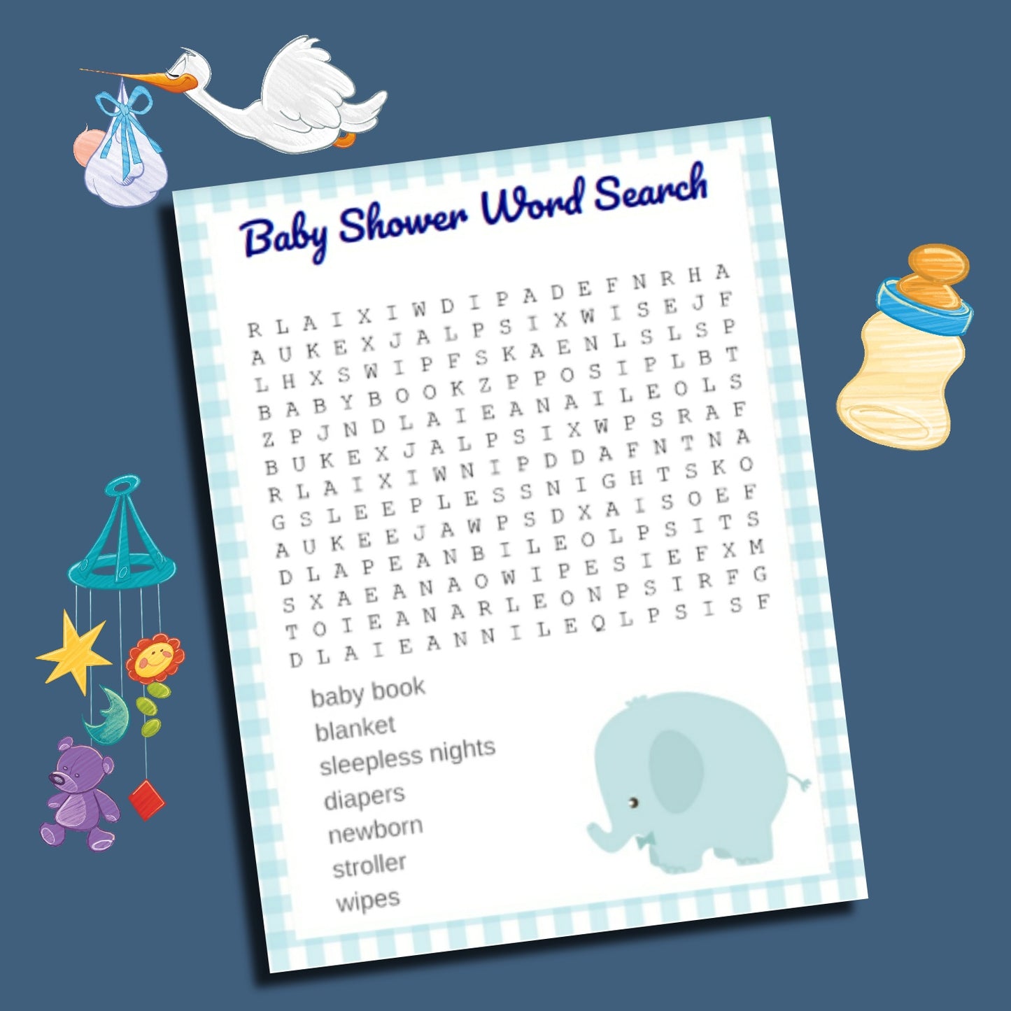 Blue Elephant Baby Shower Word Search Game