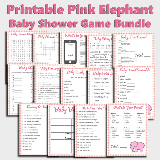 Pink Elephant Printable Baby Shower Game Bundle