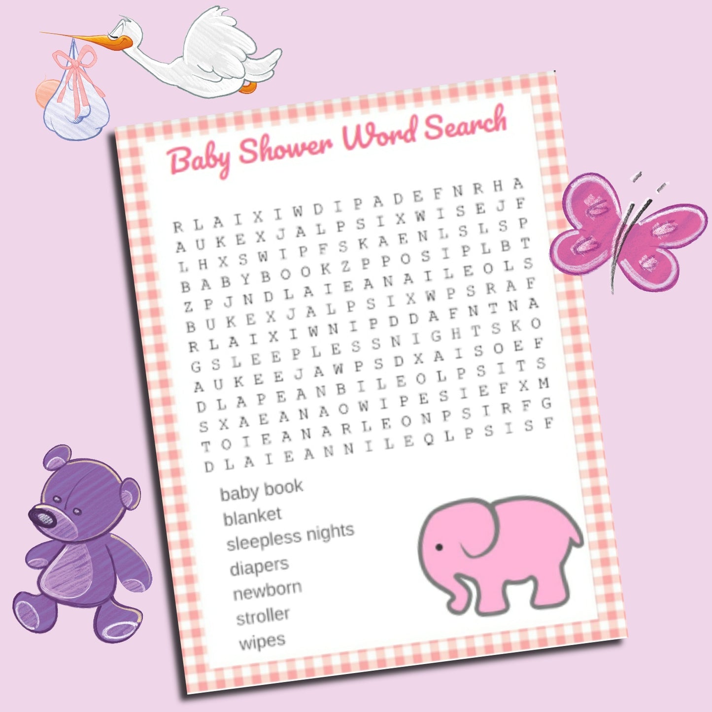 Pink Elephant Baby Shower Word Search Game