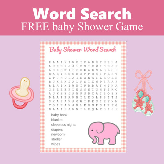 Pink Elephant Baby Shower Word Search Game